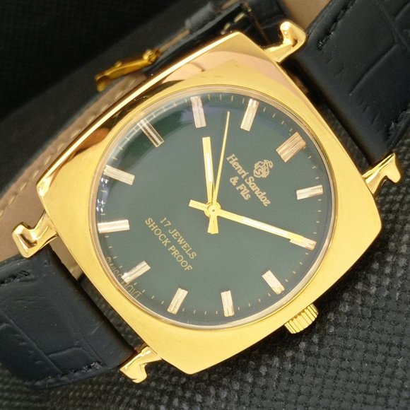 Fortis Other - Vintage 1973 Square Henri Sandoz Manual Mens Gold Watch W/Green Face